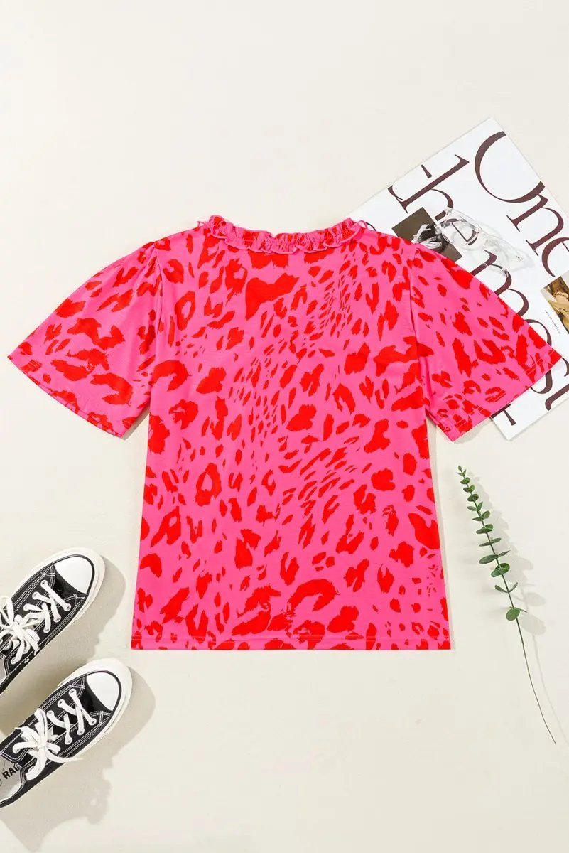 Rose Leopard Frilly V Neck Short Sleeve Blouse for Women - Love Salve